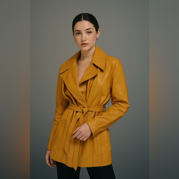 Source Unknown Jackets & Blazers - Vintage Yellow Leather Trench Coat with Notched Lapels and Self-Tie Belt